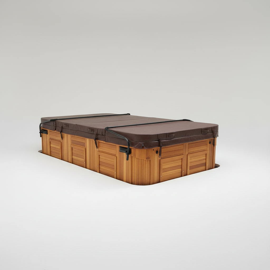 Cedar swim spa closed under brown two-piece cover with lifter bars