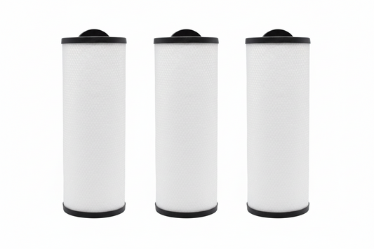 Three Atlantis thread-in filters with black caps in a row