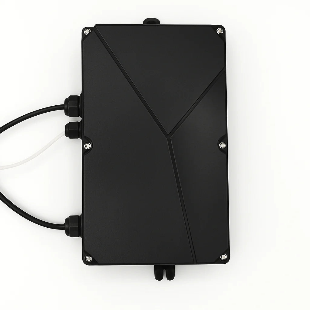 Black SpaBoy generator control box with corner screws, side cable glands and black and white leads, on white background