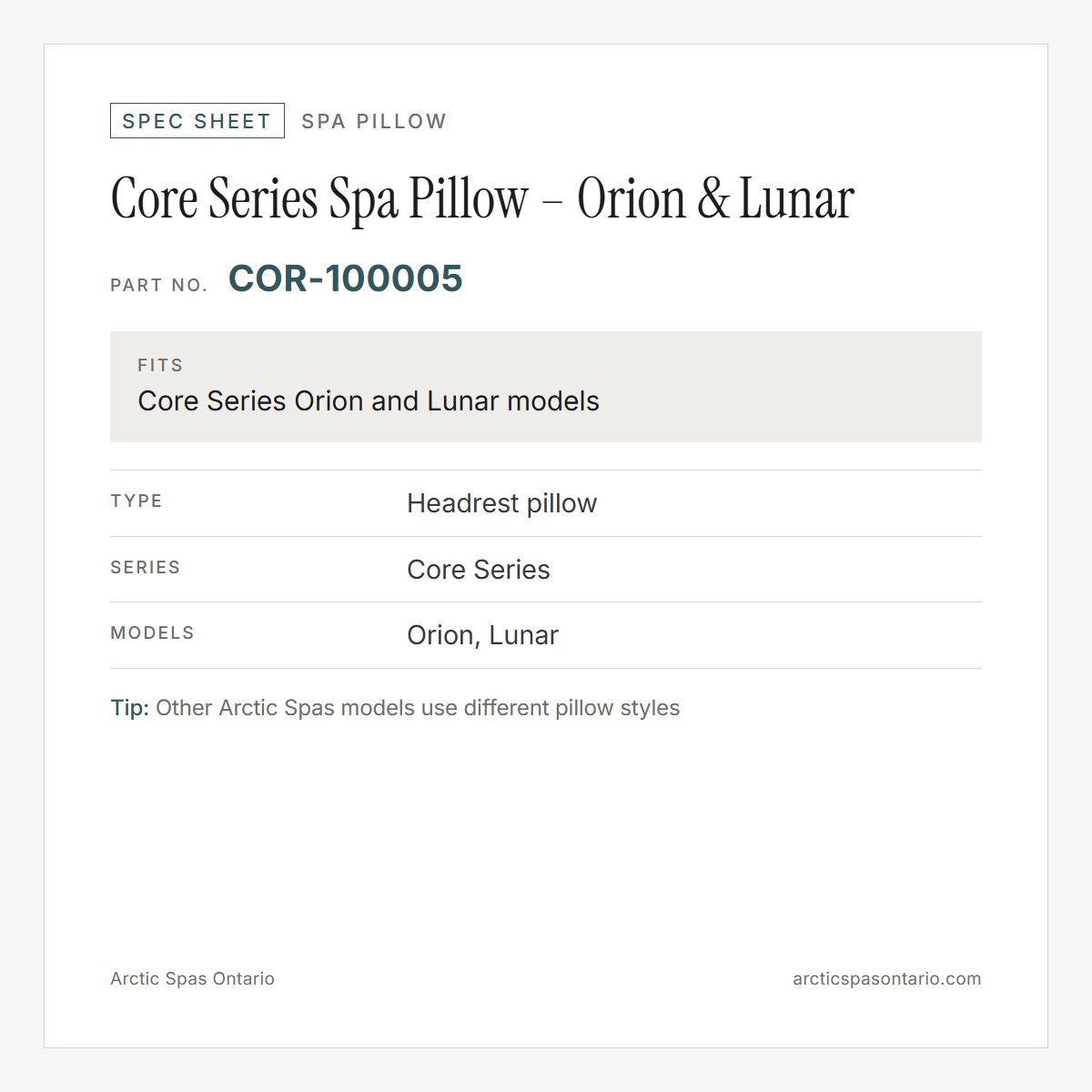 Spec sheet for Core Series Spa Pillow – Orion & Lunar: fitment and key specs