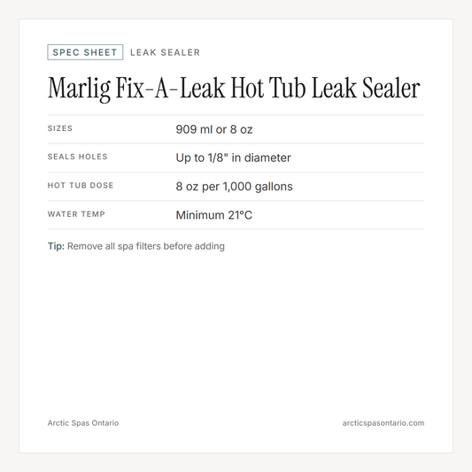 Spec sheet for Marlig Fix-A-Leak Hot Tub Leak Sealer: fitment and key specs