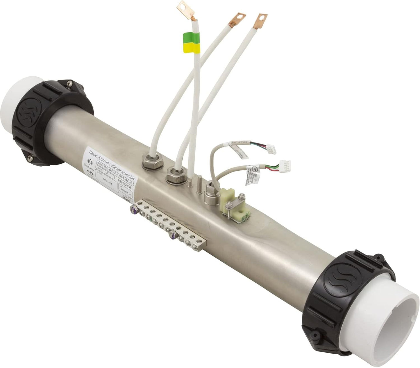 Gecko INYE 4kW spa heater assembly angled view with heater wires and plumbing unions