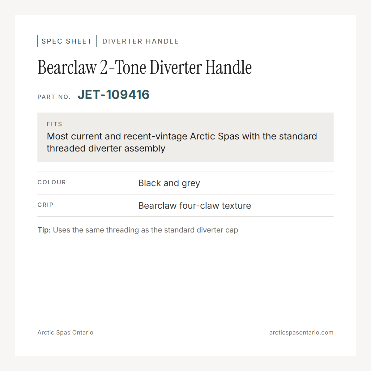 Spec sheet for Bearclaw 2-Tone Diverter Handle: fitment and key specs