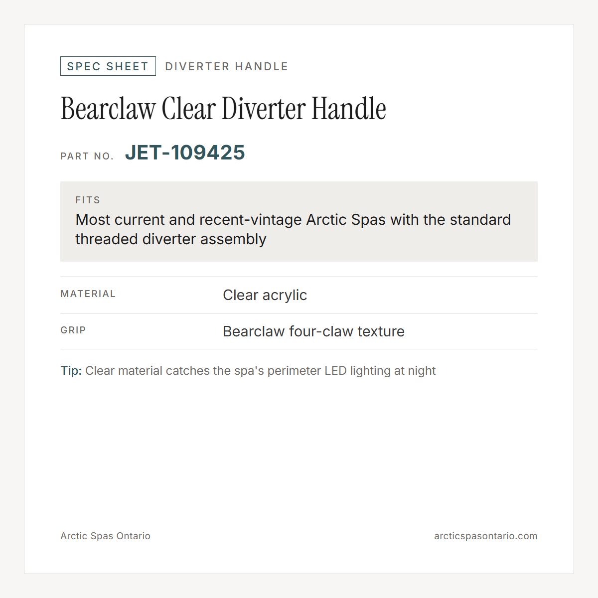 Spec sheet for Bearclaw Clear Diverter Handle: fitment and key specs