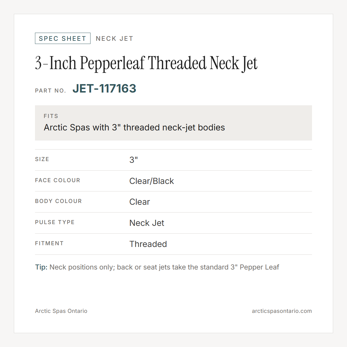 Spec sheet for 3-Inch Pepperleaf Threaded Neck Jet: fitment and key specs