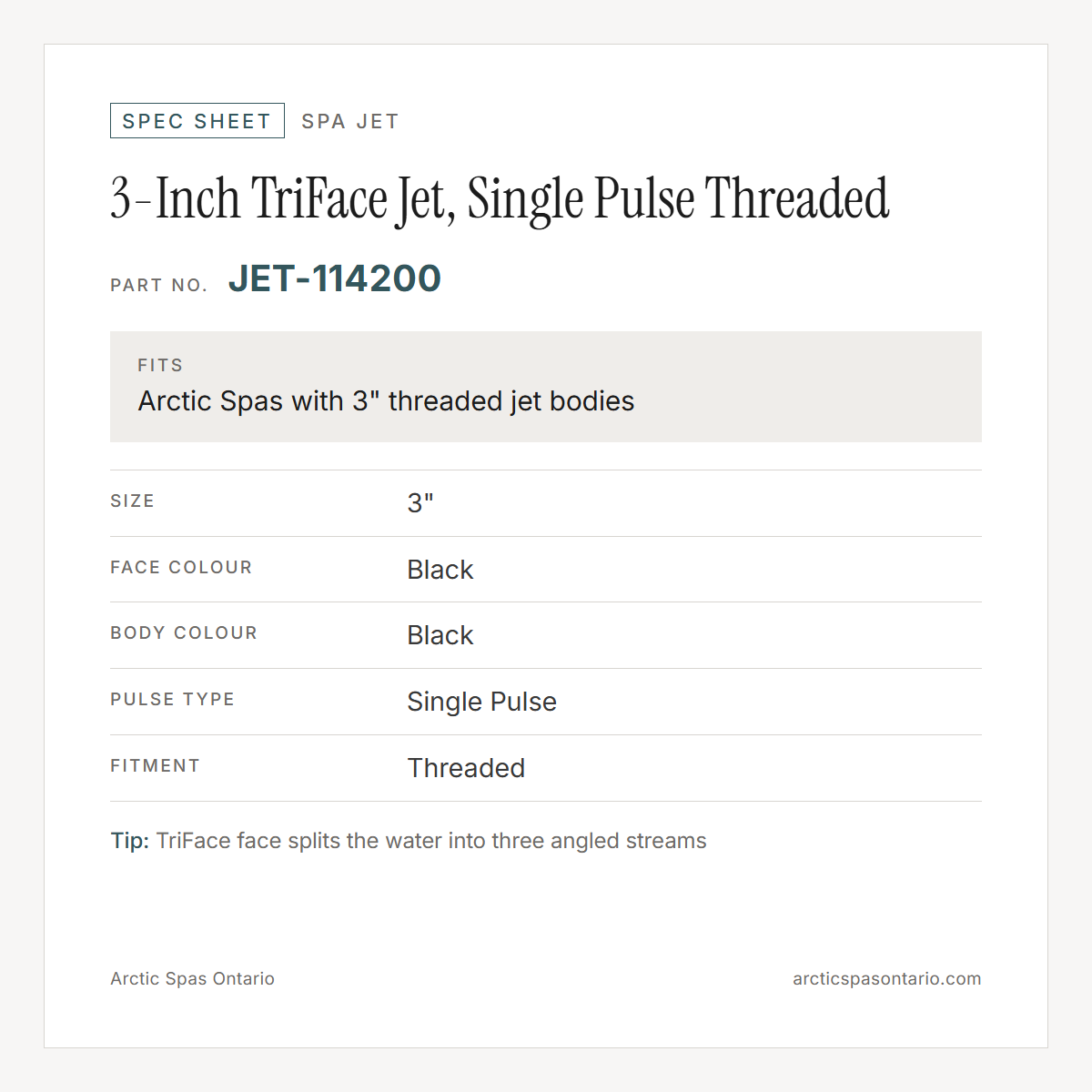 Spec sheet for 3-Inch TriFace Jet, Single Pulse Threaded: fitment and key specs