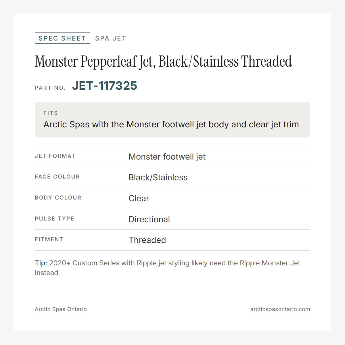 Spec sheet for Monster Pepperleaf Jet, Black/Stainless Threaded: fitment and key specs