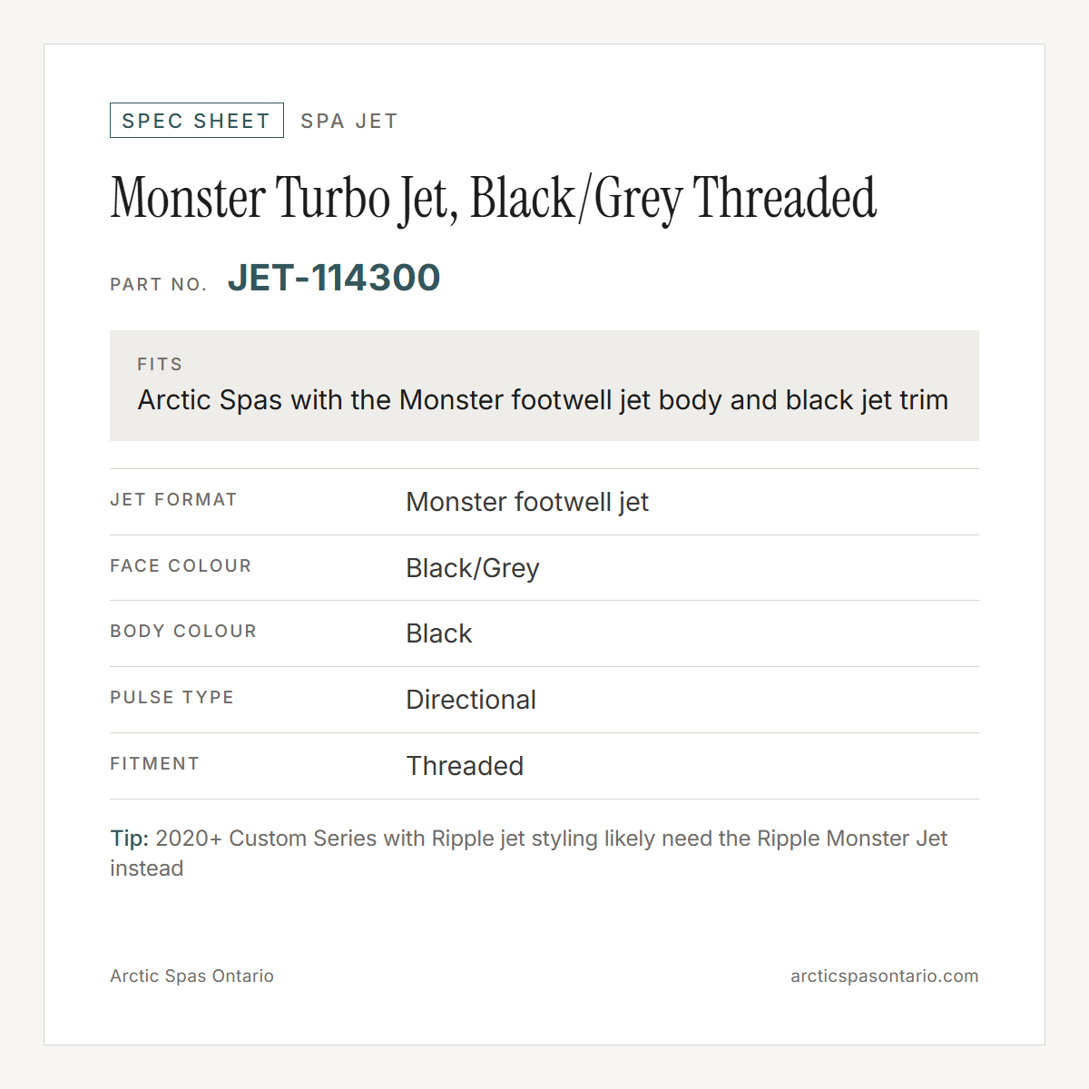 Spec sheet for Monster Turbo Jet, Black/Grey Threaded: fitment and key specs
