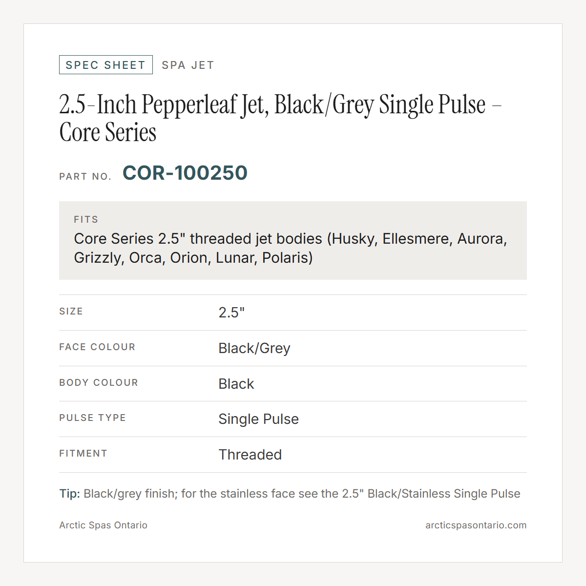 Spec sheet for 2.5-Inch Pepperleaf Jet, Black/Grey Single Pulse – Core Series: fitment and key specs