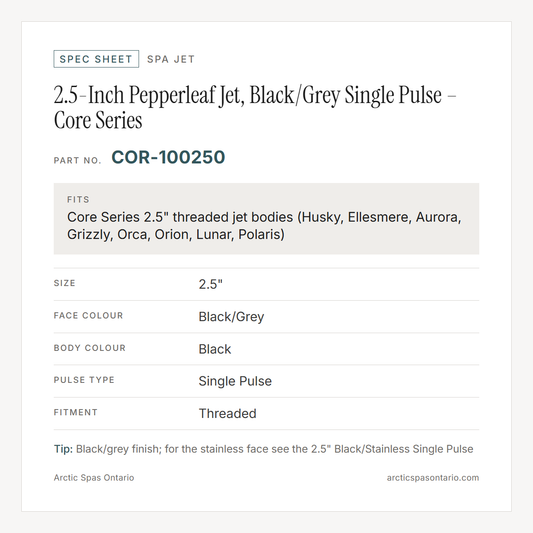 Spec sheet for 2.5-Inch Pepperleaf Jet, Black/Grey Single Pulse – Core Series: fitment and key specs