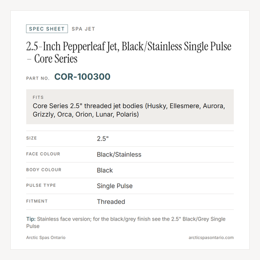 Spec sheet for 2.5-Inch Pepperleaf Jet, Black/Stainless Single Pulse – Core Series: fitment and key specs