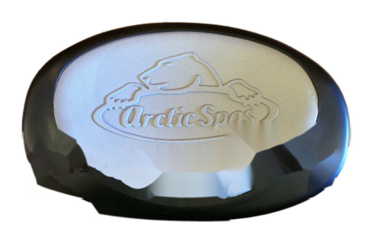 Oval two-tone spa pillow with embossed Arctic Spas polar bear logo, silver centre and black rim