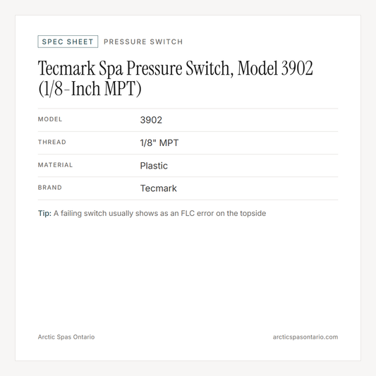 Spec sheet for Tecmark Spa Pressure Switch, Model 3902 (1/8-Inch MPT): fitment and key specs