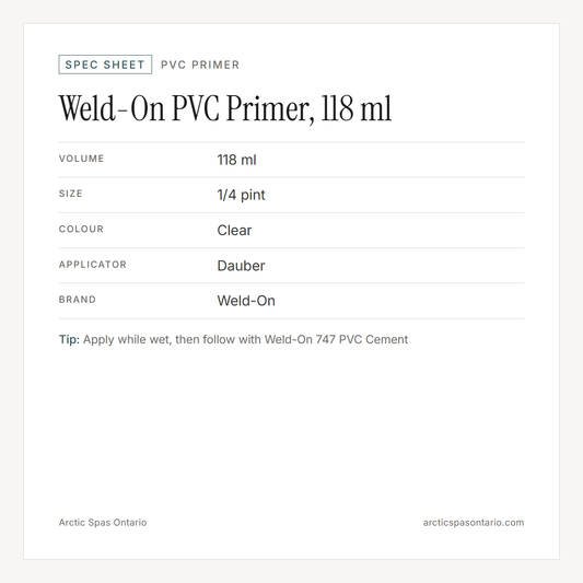 Spec sheet for Weld-On PVC Primer, 118 ml: fitment and key specs
