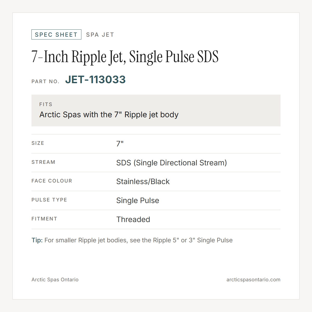 Spec sheet for 7-Inch Ripple Jet, Single Pulse SDS: fitment and key specs