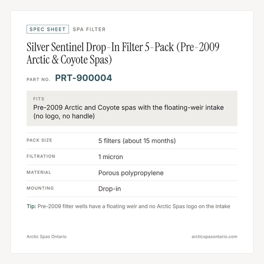 Spec sheet for Silver Sentinel Drop-In Filter 5-Pack (Pre-2009 Arctic & Coyote Spas): fitment and key specs