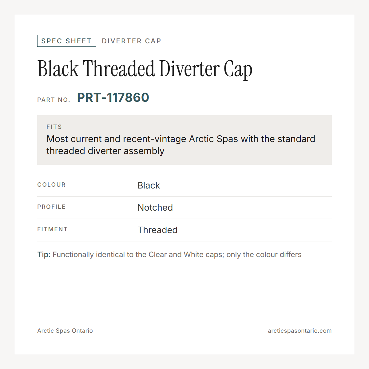 Spec sheet for Black Threaded Diverter Cap: fitment and key specs