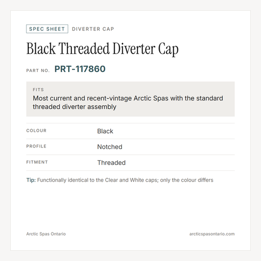 Spec sheet for Black Threaded Diverter Cap: fitment and key specs