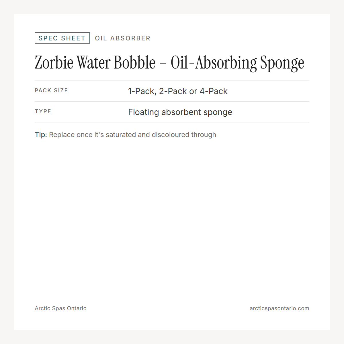 Spec sheet for Zorbie Water Bobble – Oil-Absorbing Sponge: fitment and key specs