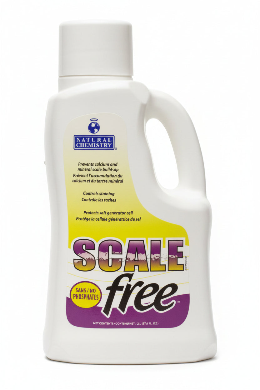 White 2 L jug of Natural Chemistry Scale Free with yellow and purple label on white background