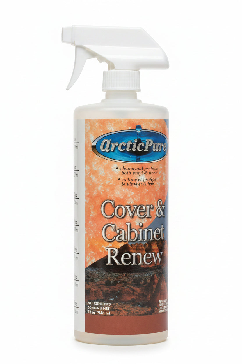Spray bottle of Arctic Pure Cover & Cabinet Renew vinyl and wood protectant on white background