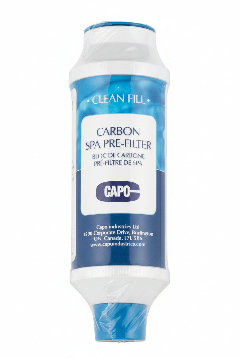 A white and blue carbon pre-filter spa fill hose filter product from CAPO, designed to clean fill water by removing metals and other contaminants.