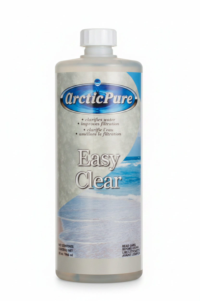 Translucent 946 ml bottle of Arctic Pure Easy Clear water clarifier with beach scene label