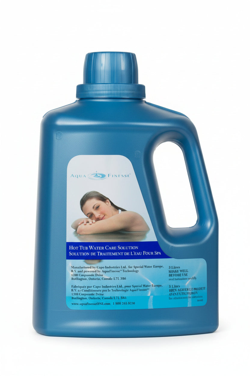 Blue 3 L jug of AquaFinesse Hot Tub Water Care Solution on white background