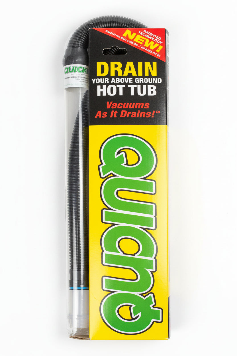 Quick Drain hot tub drain kit box reading Vacuums As It Drains, with clear tube and black hose