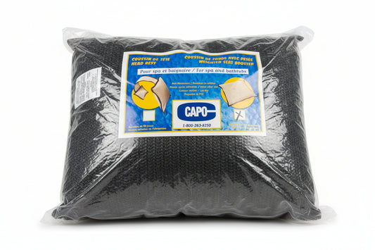 Black weighted seat booster cushion in Capo packaging with bilingual head rest and booster label