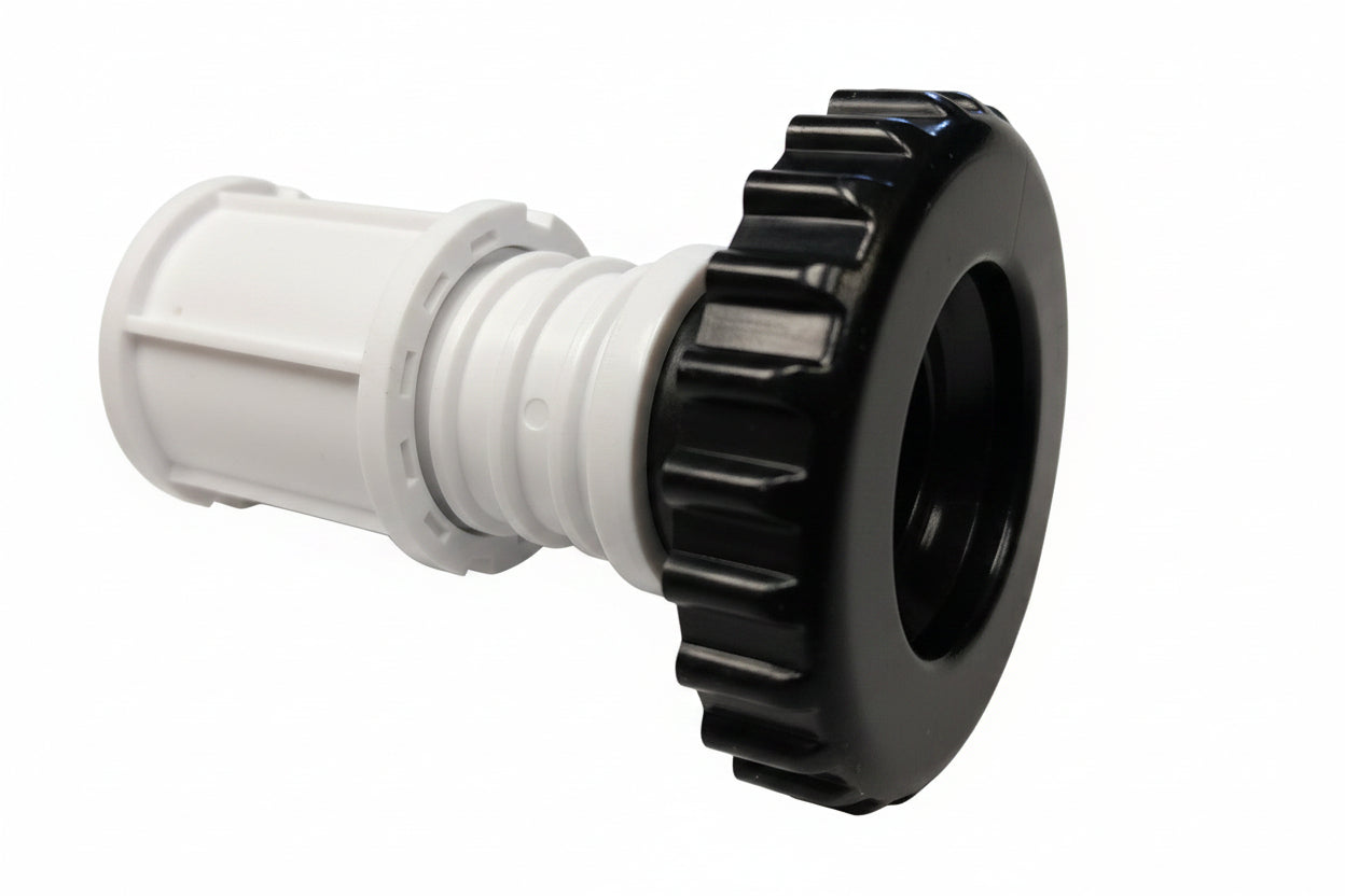 White internal air control valve body with black scalloped nut, Arctic Spas hot tub part