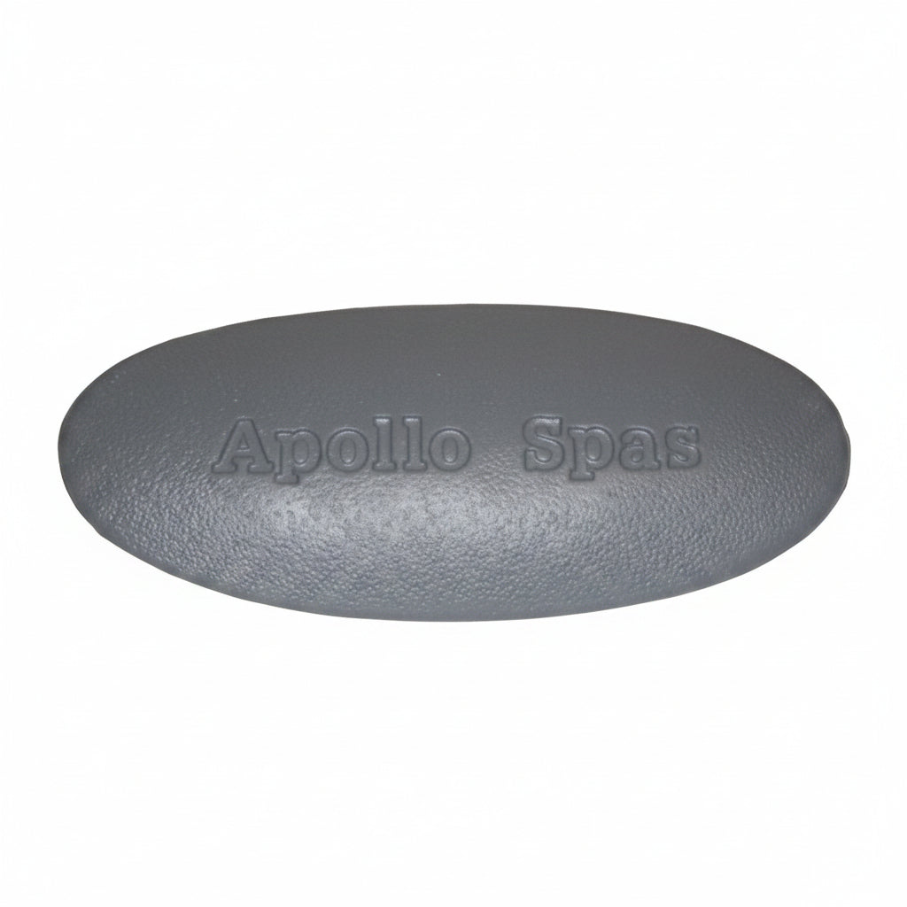 Grey oval spa pillow with embossed Apollo Spas lettering and textured vinyl finish