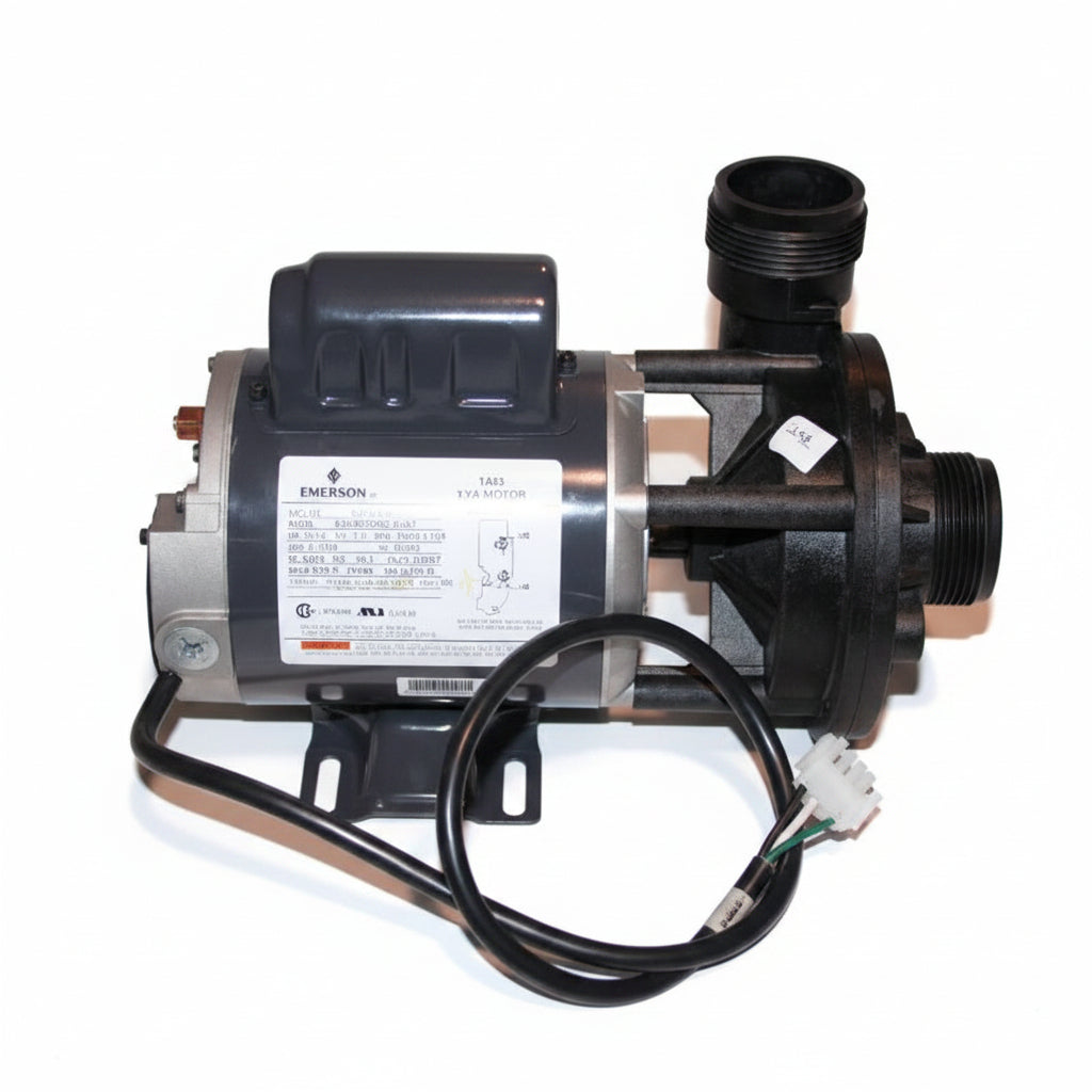 Apollo circulation pump with grey Emerson-labelled spa motor, black wet end and cord with 4-pin plug