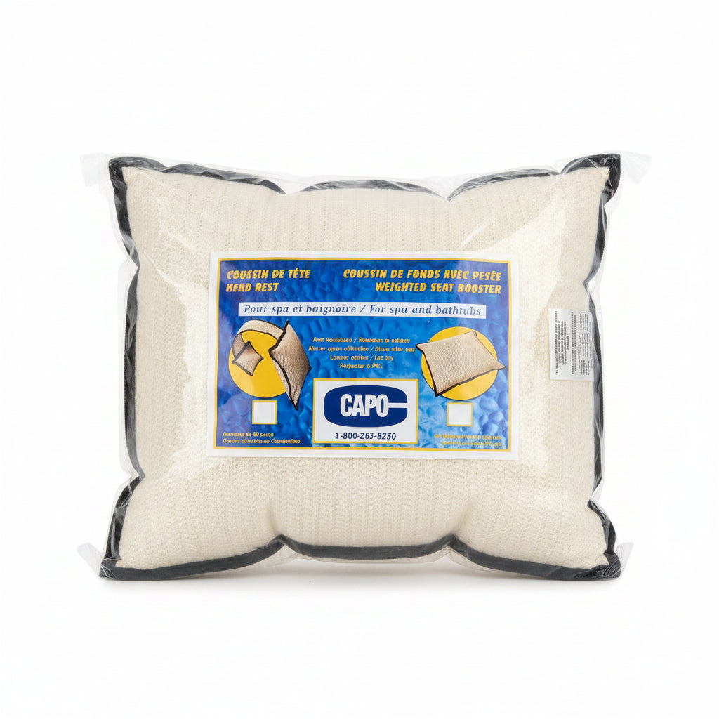 Ivory knit booster cushion with black trim sealed in Capo Weighted Seat Booster packaging