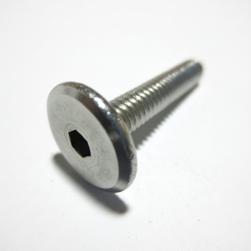 Stainless steel flat-head hex socket door bolt for spa cabinet panels, close-up on white, FIN-103150