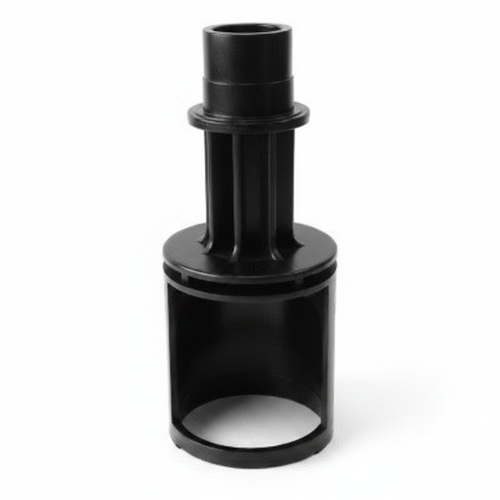 Black spa diverter internal with hollow round stem, finned column and side-ported barrel, upright view