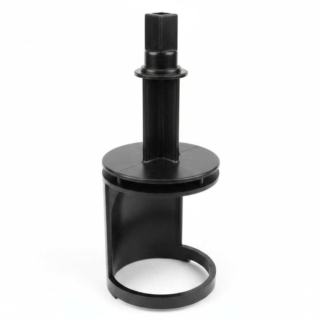 Black plastic spa diverter internal cartridge with square stem, round plate and open cylinder cage, upright