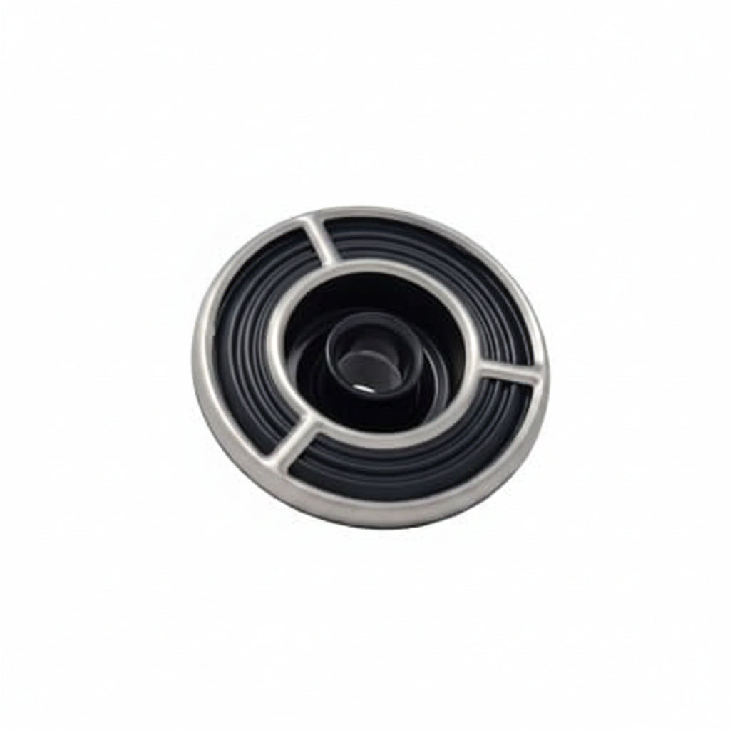 Brushed stainless ring and spoke trim over dark grey rippled face of Monster spa jet internal, front view