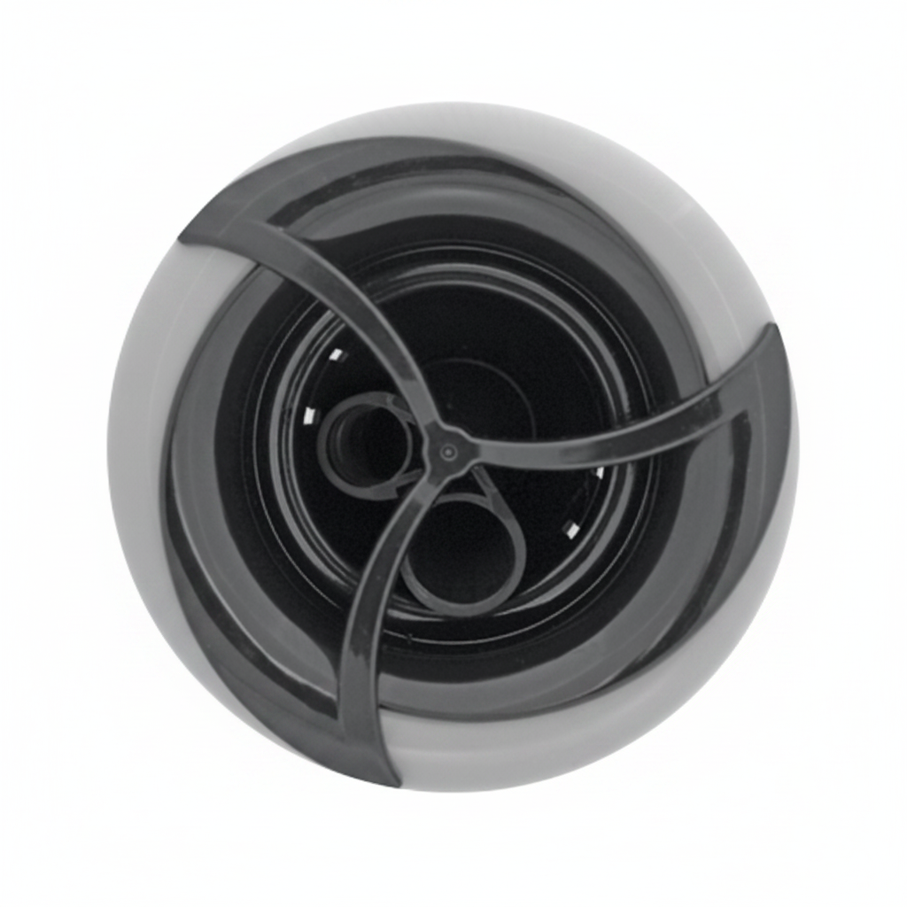 Grey 3-inch Turbo spa jet face, three curved spokes over dark recessed pulse nozzle, front view