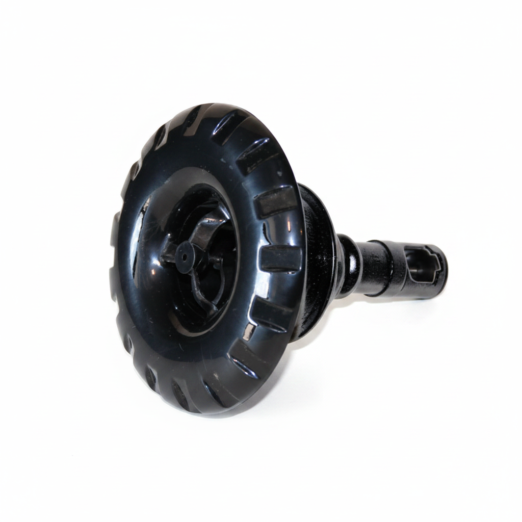Black 3-inch spa jet with scalloped rib face rim and tri-spoke centre, threaded stem, angled view