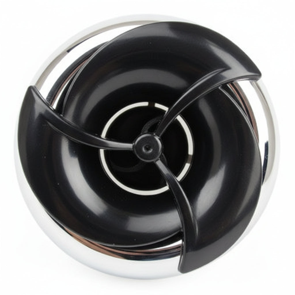 Two-tone 3-inch Turbo pop-in spa jet, chrome rim and black swirl vanes around recessed nozzle, front view
