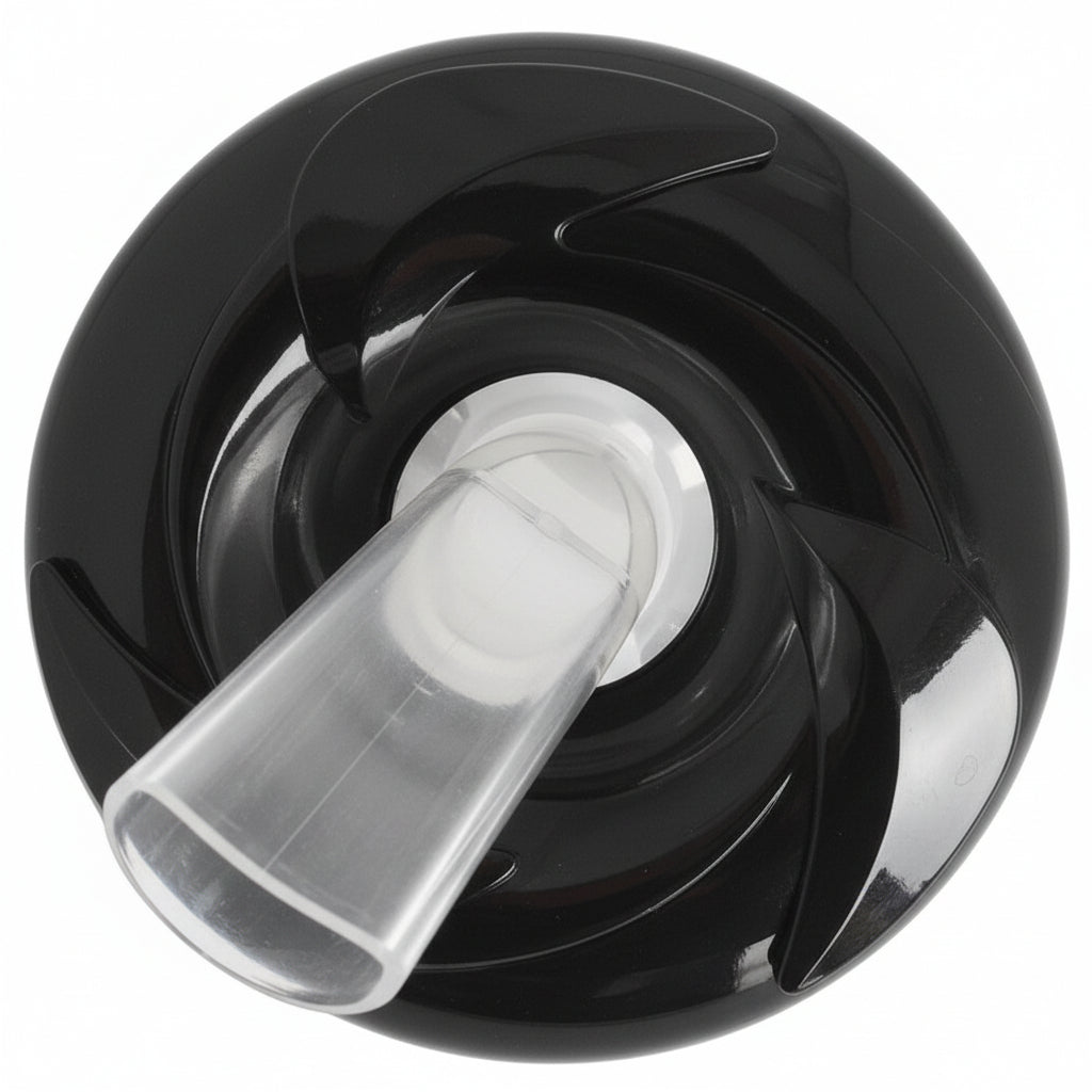 Black 3-inch pepper leaf spa jet face with clear angled neck nozzle extending from centre, front view