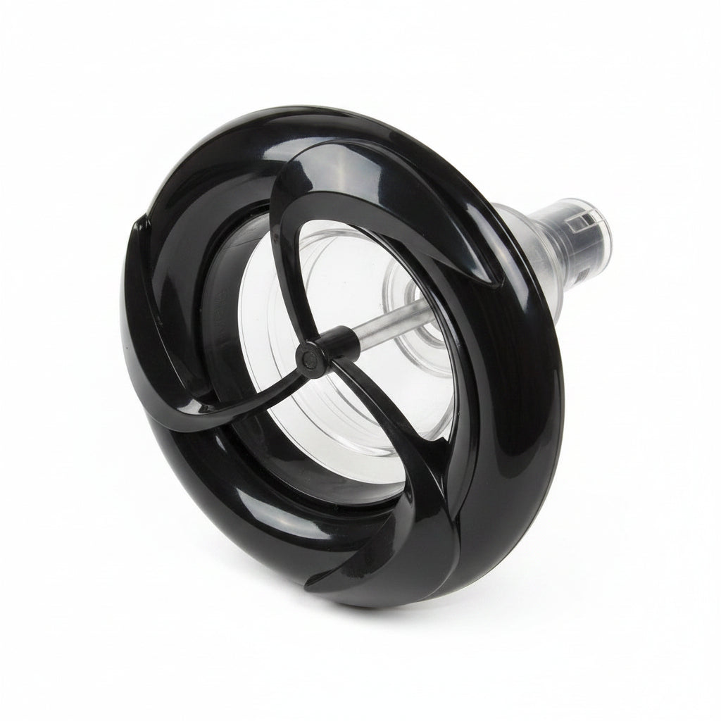 Glossy black 5-inch pepper leaf spa jet, curved vanes over clear barrel with threaded stem, angled view