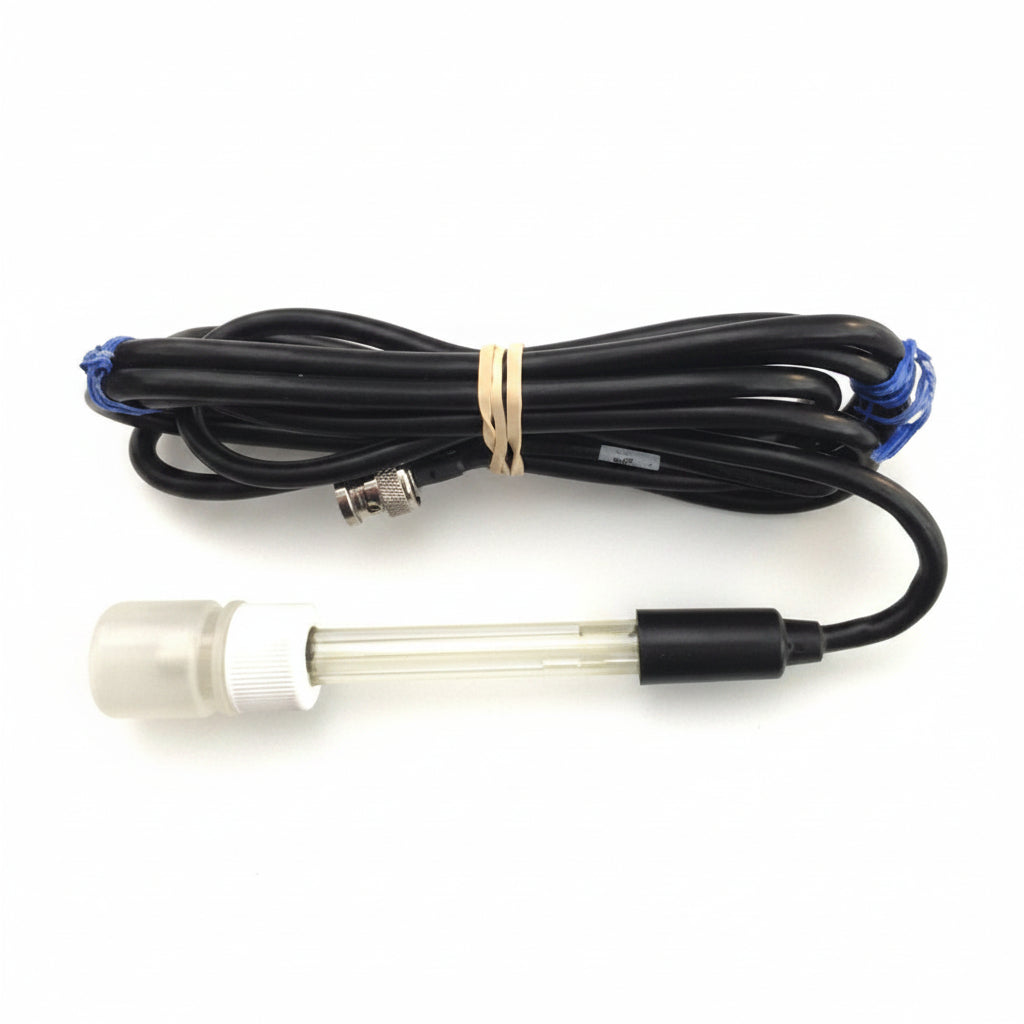 Arctic Spas SpaBoy ORP/pH probe with clear sensor tip, white threaded collar and coiled black BNC cable