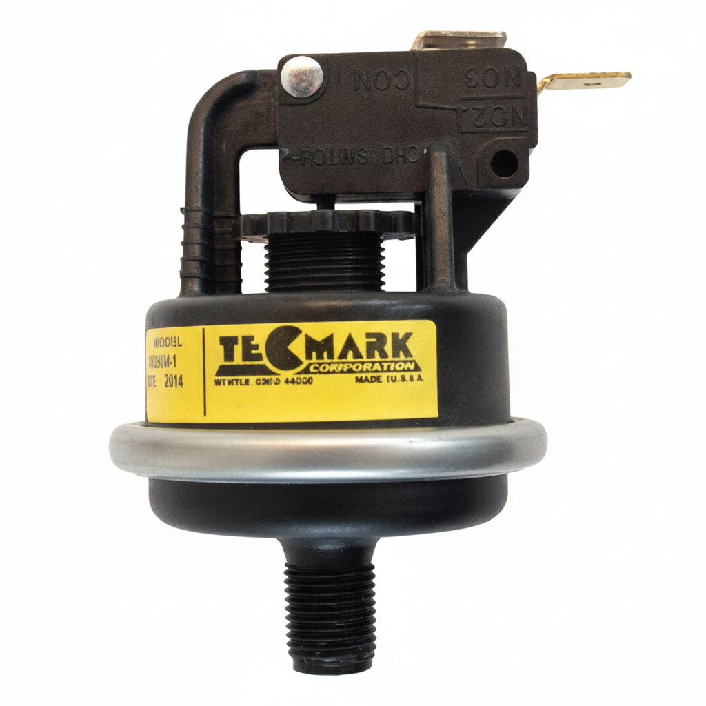Tecmark swim spa pressure switch with top-mounted micro switch and barbed elbow fitting