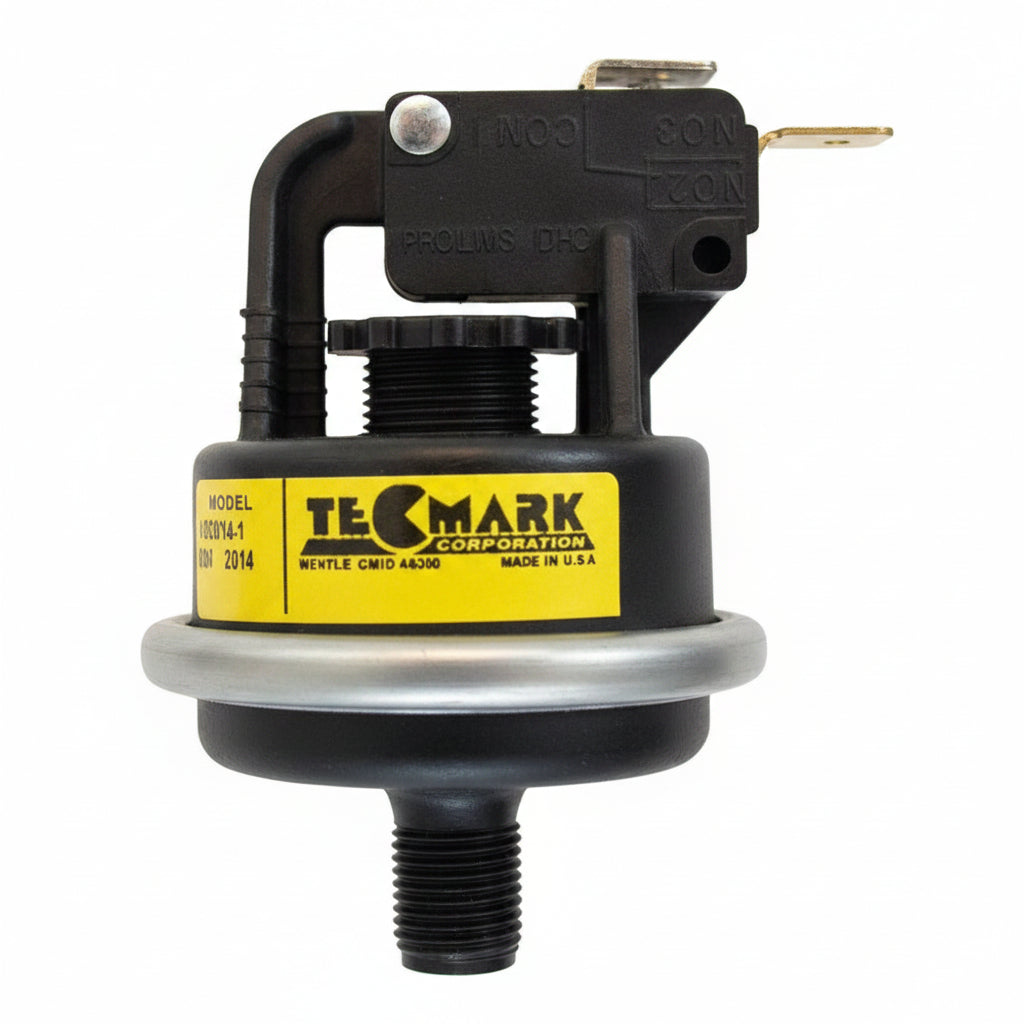 Black Tecmark pressure switch with top-mounted micro switch, barbed elbow and threaded bottom fitting