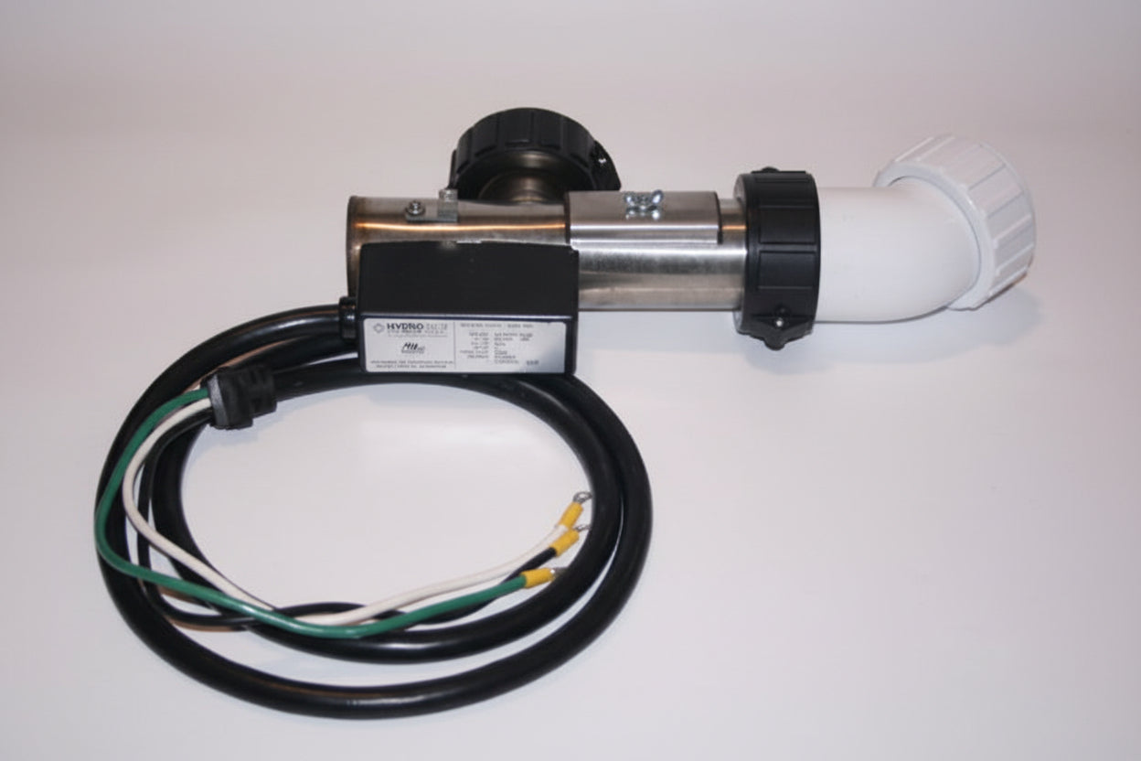 Stainless 5.5kW spa heater showing 90-degree elbow plus white 45-degree elbow and coiled power cord