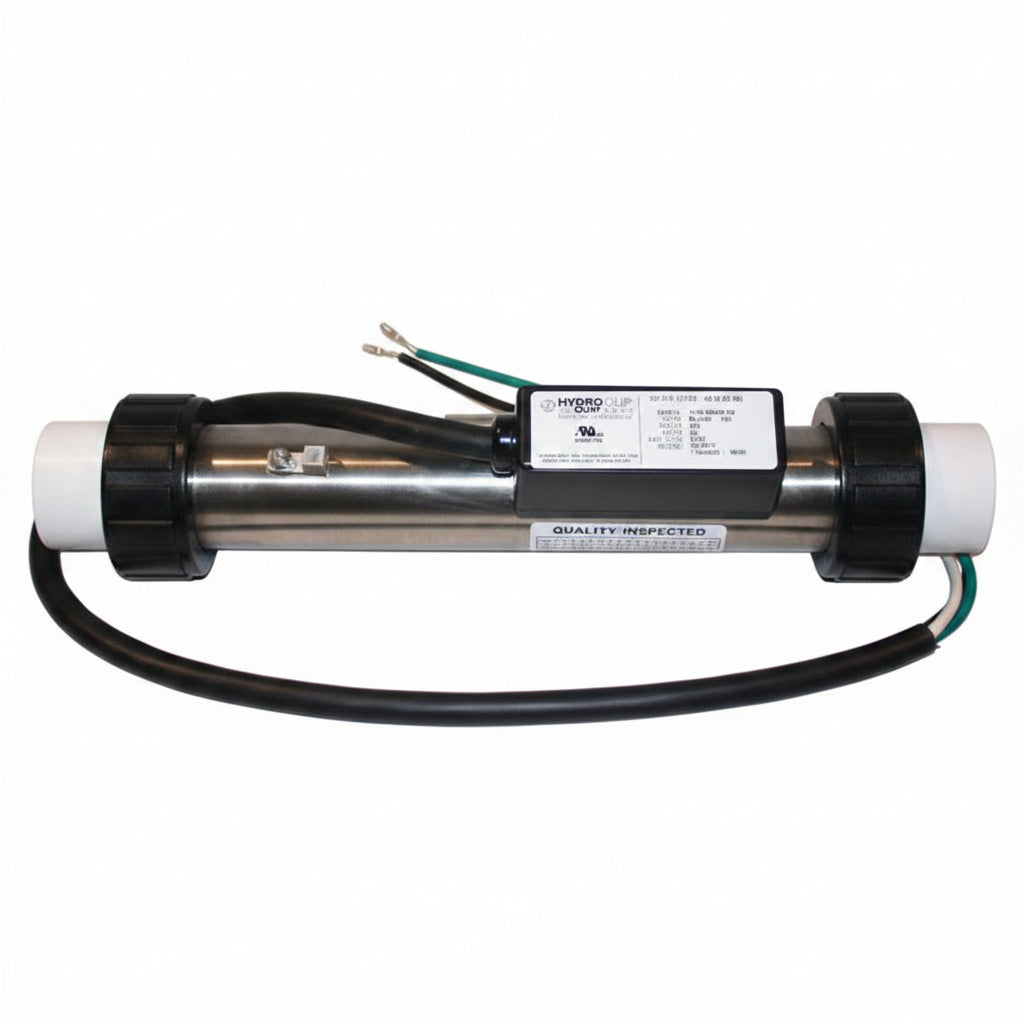 Hydro-Quip 5.5kW flo-through spa heater, stainless tube, black split nuts, white tailpieces and wiring