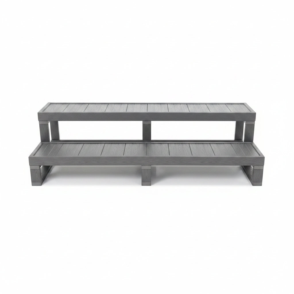 Long two-tier spa steps in grey woodgrain composite, front view