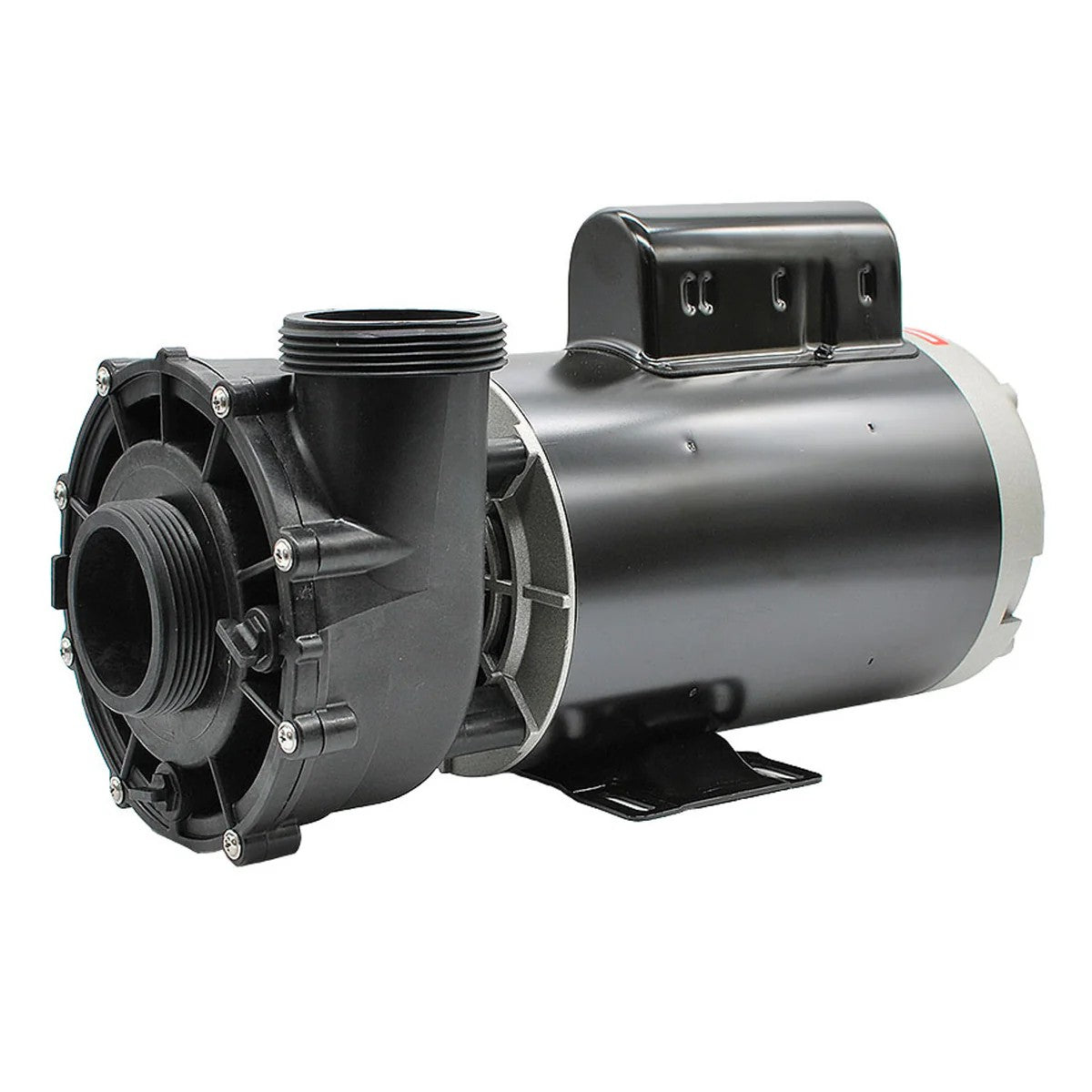 Black 4HP single-speed LX spa pump, threaded black wet end, silver motor end cap and mounting base